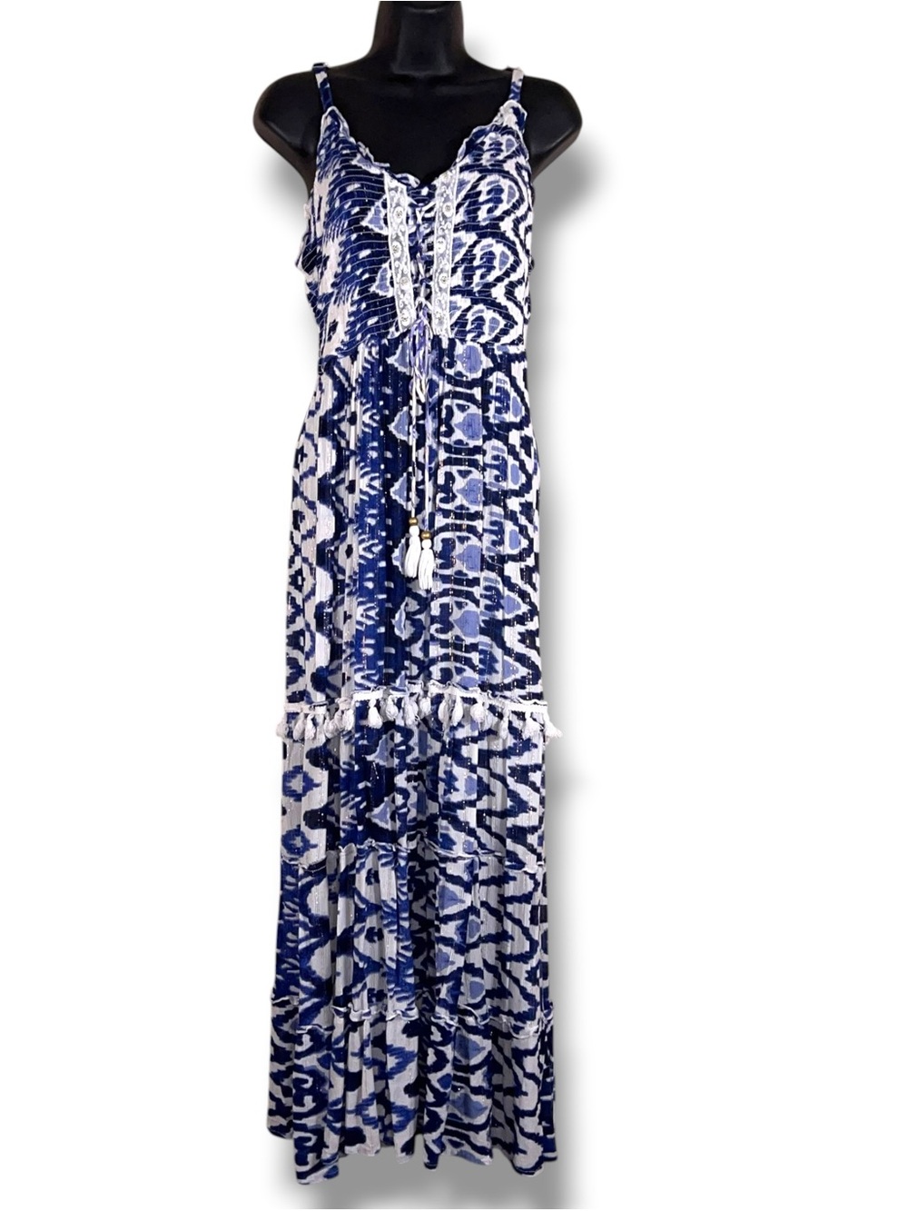 Large Me 2 Magic Blue White Boho Maxi Dress Fringe Accents Sleeveless Vneck